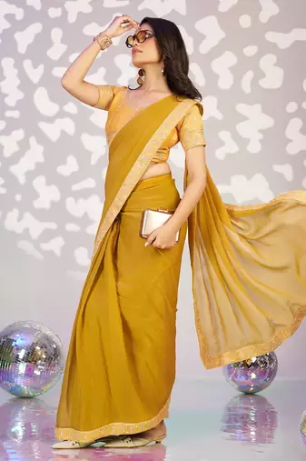 yellow ethnic embroidered moss chiffon girlie partywear saree