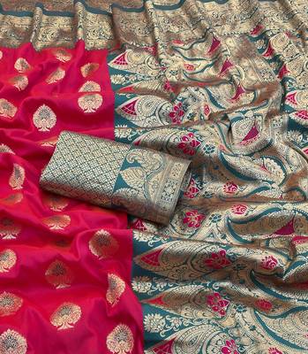 pink silk blend saree with zari woven design 3