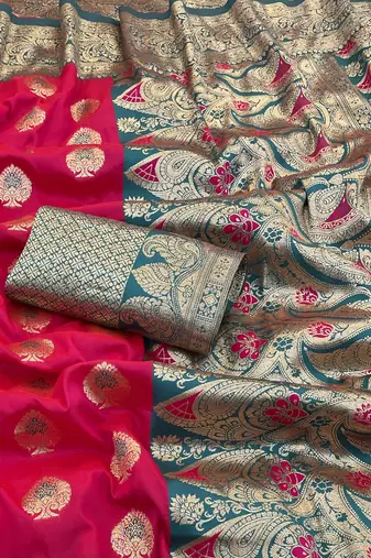 pink silk blend saree with zari woven design