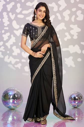 black color ethnic embroidered simmer chiffon fabric girlie partywear saree