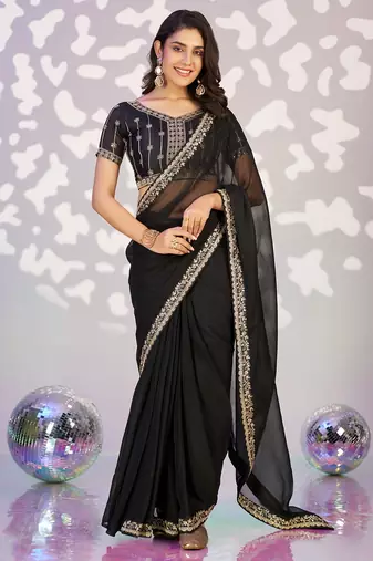 black color ethnic embroidered simmer chiffon fabric girlie partywear saree