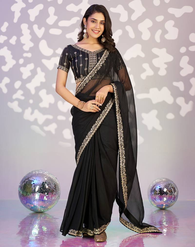 black color ethnic embroidered simmer chiffon fabric girlie partywear saree