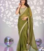 green color ethnic embroidered simmer chiffon fabric girlie partywear saree