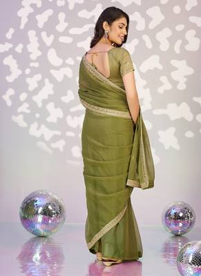 green ethnic embroidered simmer chiffon girlie partywear saree 2