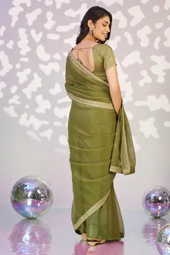 green ethnic embroidered simmer chiffon girlie partywear saree
