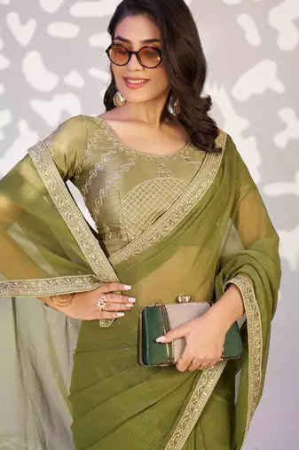 green ethnic embroidered simmer chiffon girlie partywear saree