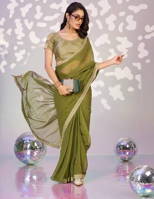 green ethnic embroidered simmer chiffon girlie partywear saree 4