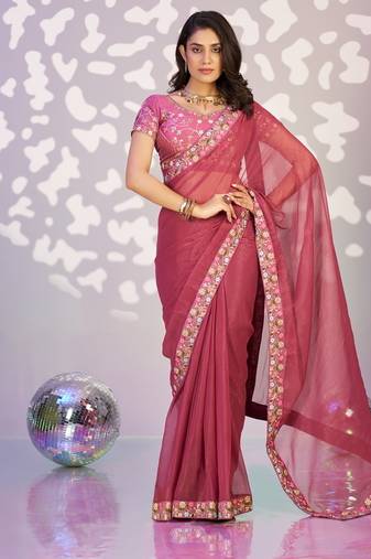 onion color ethnic embroidered simmer chiffon fabric girlie partywear saree