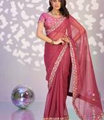 onion color ethnic embroidered simmer chiffon fabric girlie partywear saree
