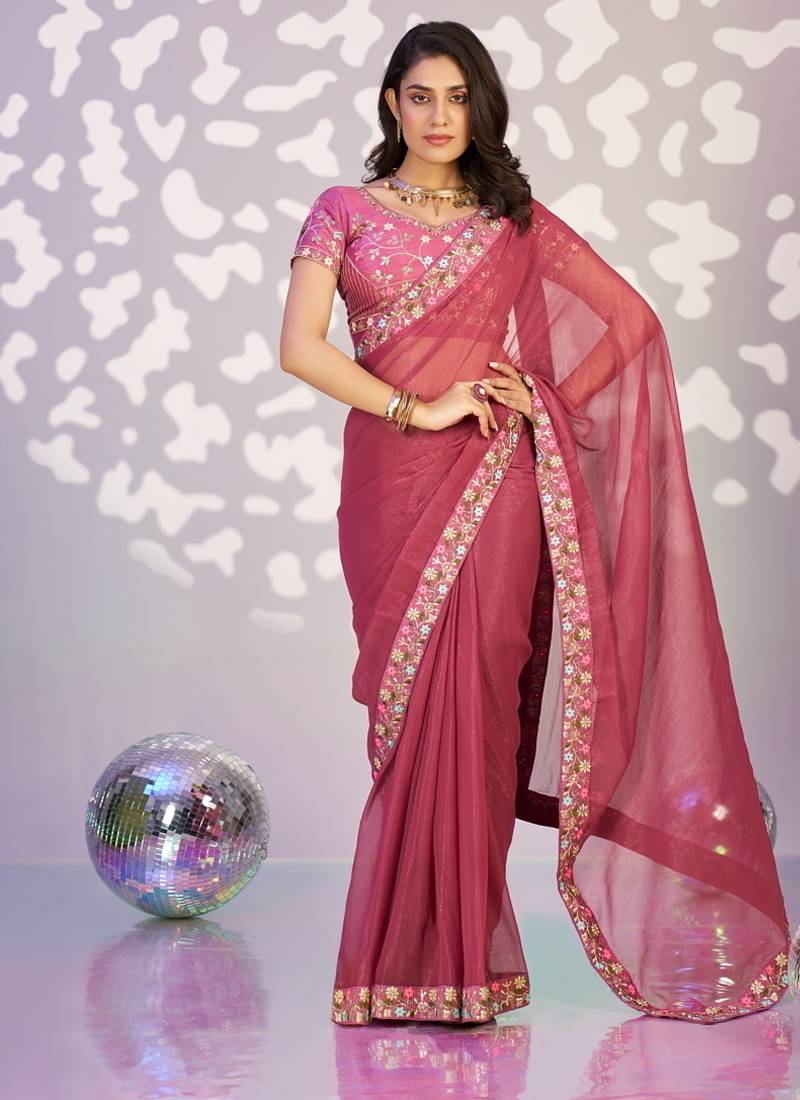 onion color ethnic embroidered simmer chiffon fabric girlie partywear saree
