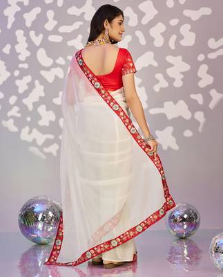 white ethnic embroidered simmer chiffon girlie partywear saree 2