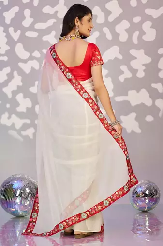 white ethnic embroidered simmer chiffon girlie partywear saree