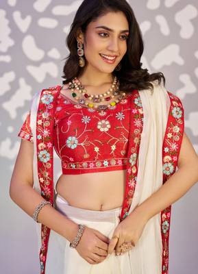white ethnic embroidered simmer chiffon girlie partywear saree 3
