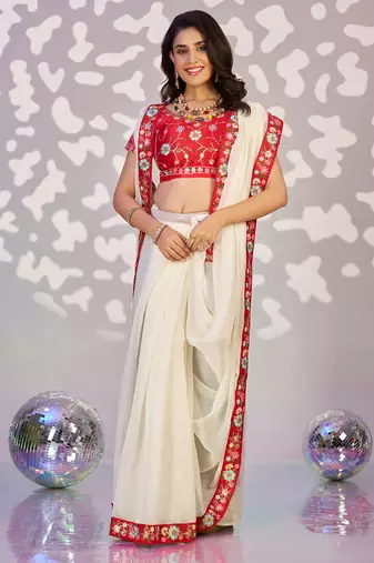 white ethnic embroidered simmer chiffon girlie partywear saree