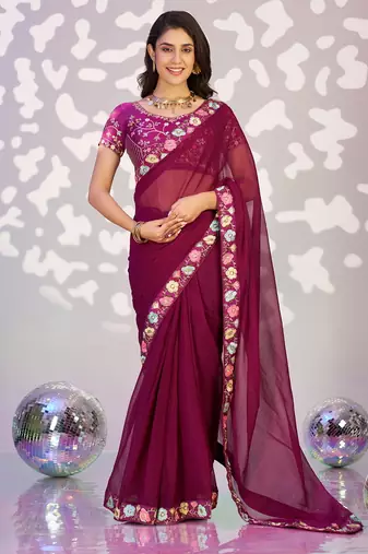 wine color ethnic embroidered simmer chiffon fabric girlie partywear saree