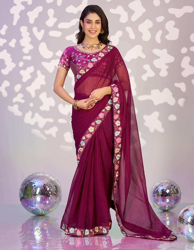 wine color ethnic embroidered simmer chiffon fabric girlie partywear saree