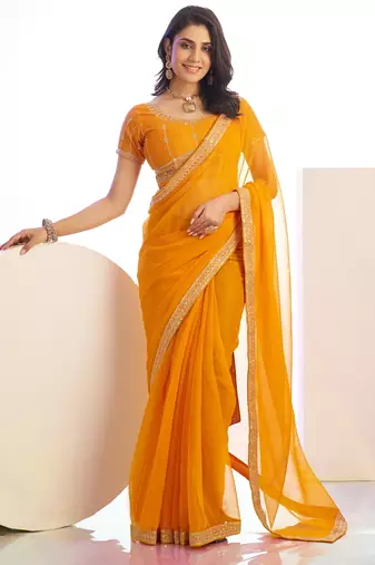 yellow color ethnic embroidered simmer chiffon fabric girlie partywear saree