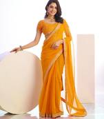 yellow color ethnic embroidered simmer chiffon fabric girlie partywear saree