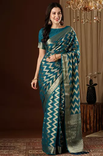 teal blue color beautiful woven ethnic georgette fabric ceremonial saree