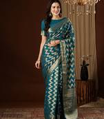 teal blue color beautiful woven ethnic georgette fabric ceremonial saree