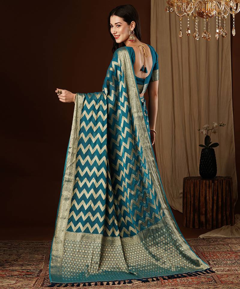 teal blue color beautiful woven ethnic georgette fabric ceremonial saree