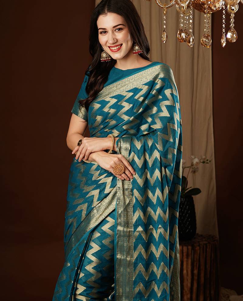 teal blue color beautiful woven ethnic georgette fabric ceremonial saree