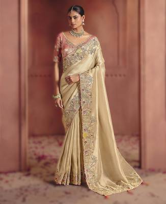 Cream elegant pure smooth zari silk blend saree with embroidery and sequins 1