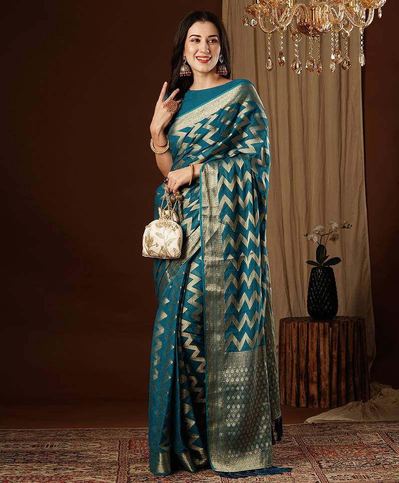teal blue color beautiful woven ethnic georgette fabric ceremonial saree