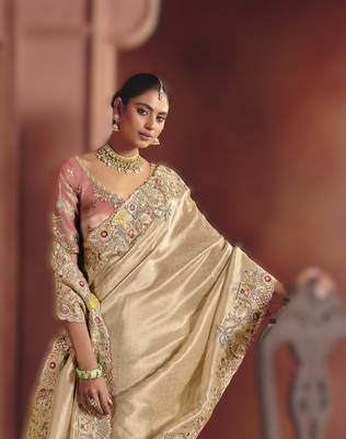 Cream elegant pure smooth zari silk blend saree with embroidery and sequins 2