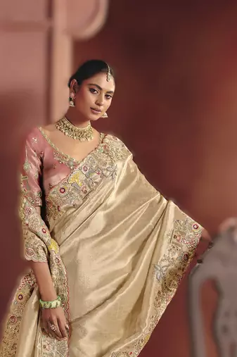 Cream elegant pure smooth zari silk blend saree with embroidery and sequins