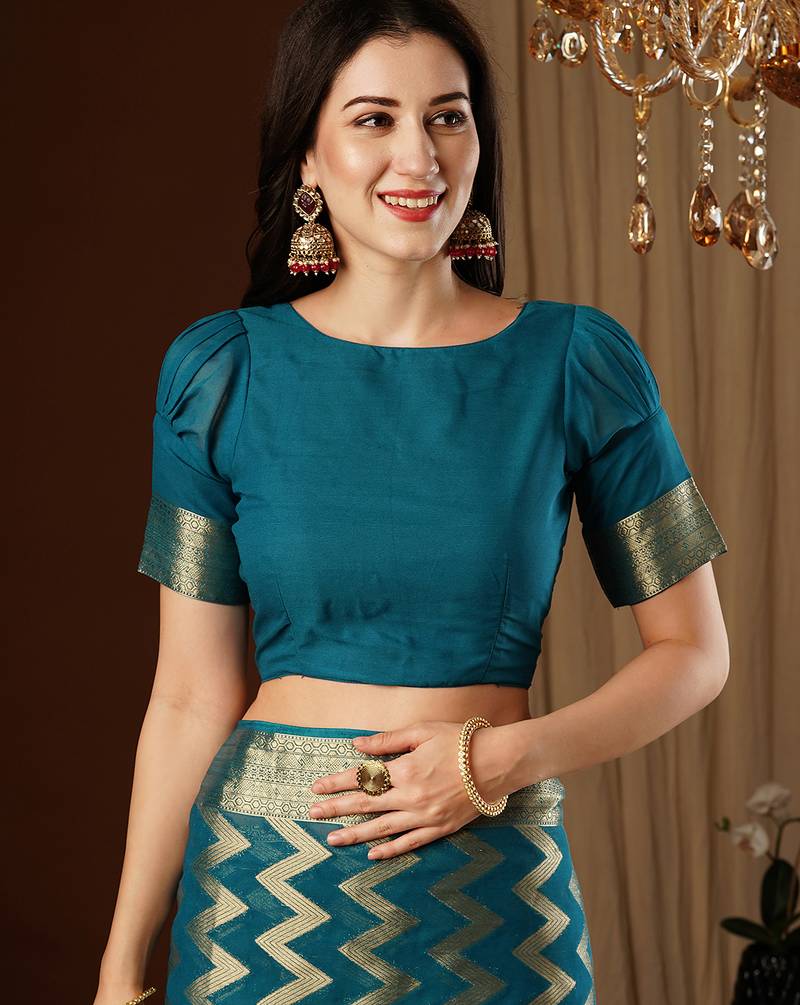 teal blue color beautiful woven ethnic georgette fabric ceremonial saree