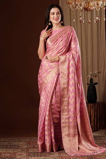pink color beautiful woven ethnic georgette fabric ceremonial saree