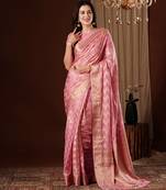 pink color beautiful woven ethnic georgette fabric ceremonial saree