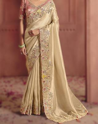 Cream elegant pure smooth zari silk blend saree with embroidery and sequins 3