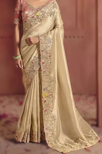 Cream elegant pure smooth zari silk blend saree with embroidery and sequins