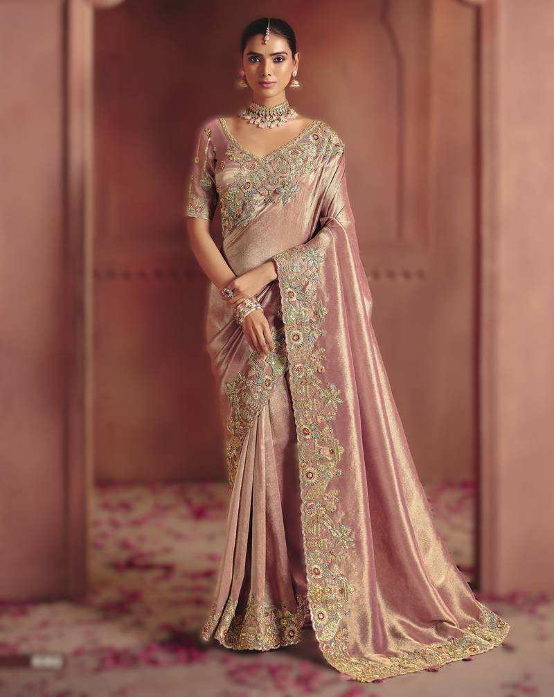 Onion pink classic pure smooth zari silk saree with rich embroidery and sequins