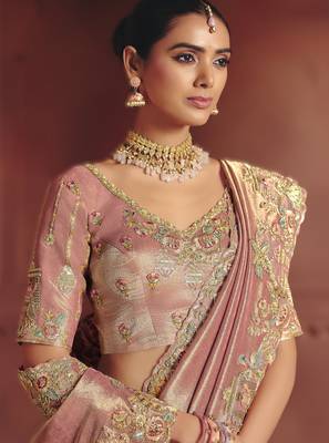 Onion pink classic pure smooth zari silk blend saree with rich embroidery and sequins 2