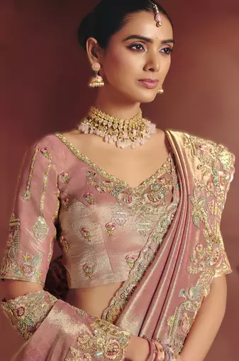 Onion pink classic pure smooth zari silk blend saree with rich embroidery and sequins