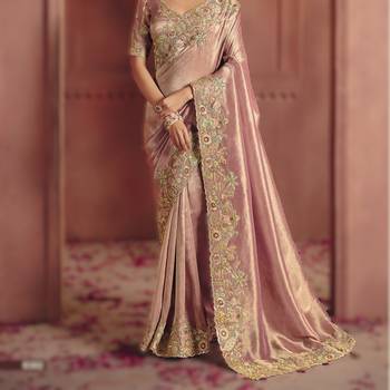 Onion pink classic pure smooth zari silk blend saree with rich embroidery and sequins 3