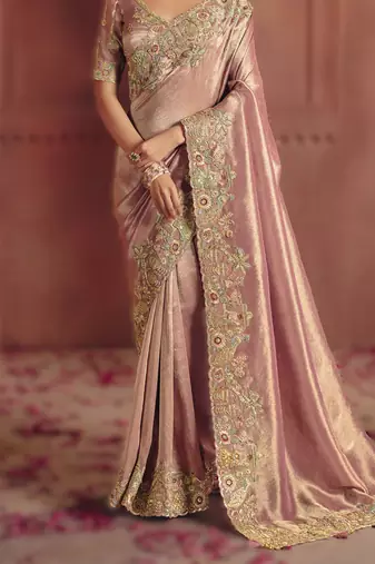 Onion pink classic pure smooth zari silk blend saree with rich embroidery and sequins