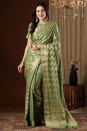 pista color beautiful woven ethnic georgette fabric ceremonial saree