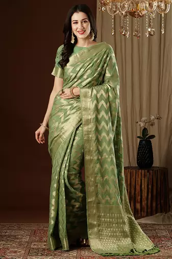 pista color beautiful woven ethnic georgette fabric ceremonial saree