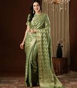pista color beautiful woven ethnic georgette fabric ceremonial saree