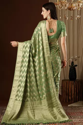 pista woven ethnic georgette ceremonial saree