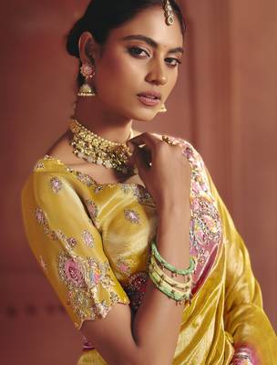 Yellow luxurious pure smooth zari silk blend saree with detailed thread work and sequins 2
