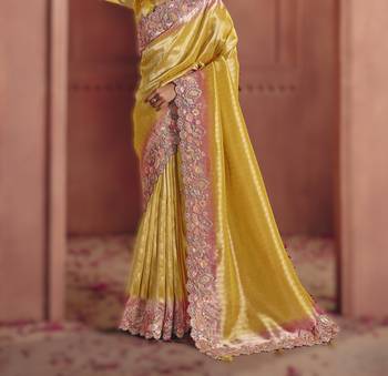 Yellow luxurious pure smooth zari silk blend saree with detailed thread work and sequins 3