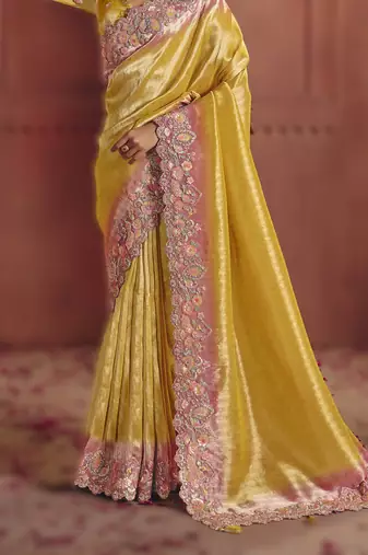 Yellow luxurious pure smooth zari silk blend saree with detailed thread work and sequins
