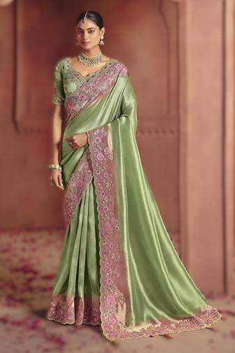 Parrot green traditional pure smooth zari silk saree with heavy embroidery and sequins