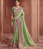 Parrot green traditional pure smooth zari silk saree with heavy embroidery and sequins