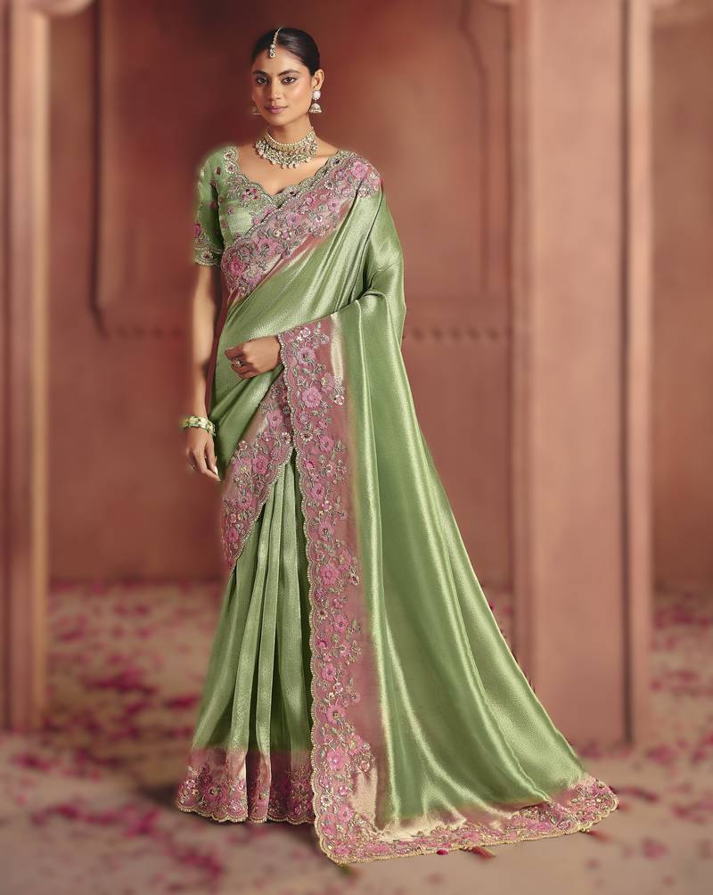 Parrot green traditional pure smooth zari silk saree with heavy embroidery and sequins